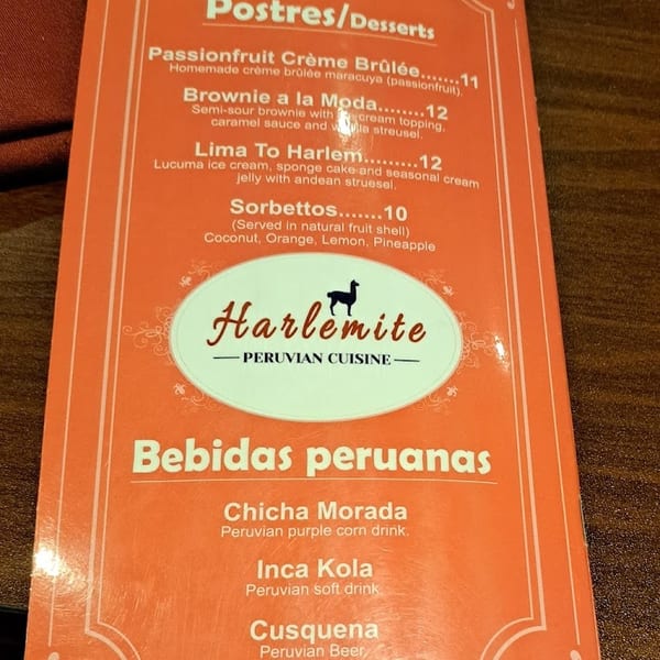 A close-up of a Harlémite Peruvian Cuisine menu, featuring desserts and Peruvian drinks.