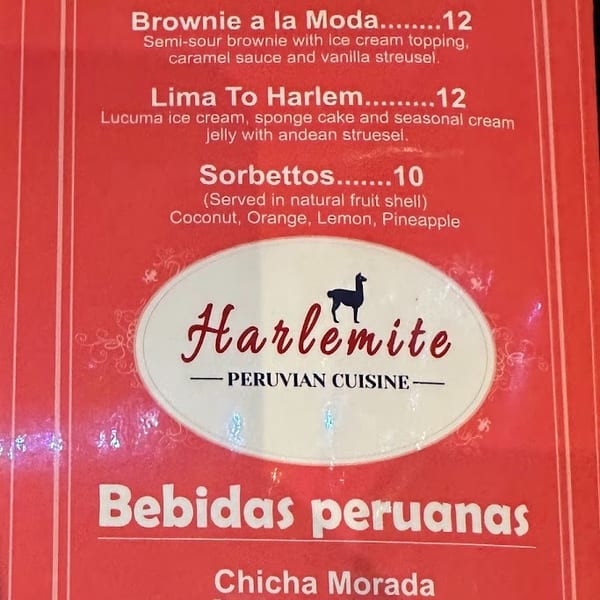 A red menu from Harlemite Peruvian Cuisine, featuring desserts and Peruvian drinks.
