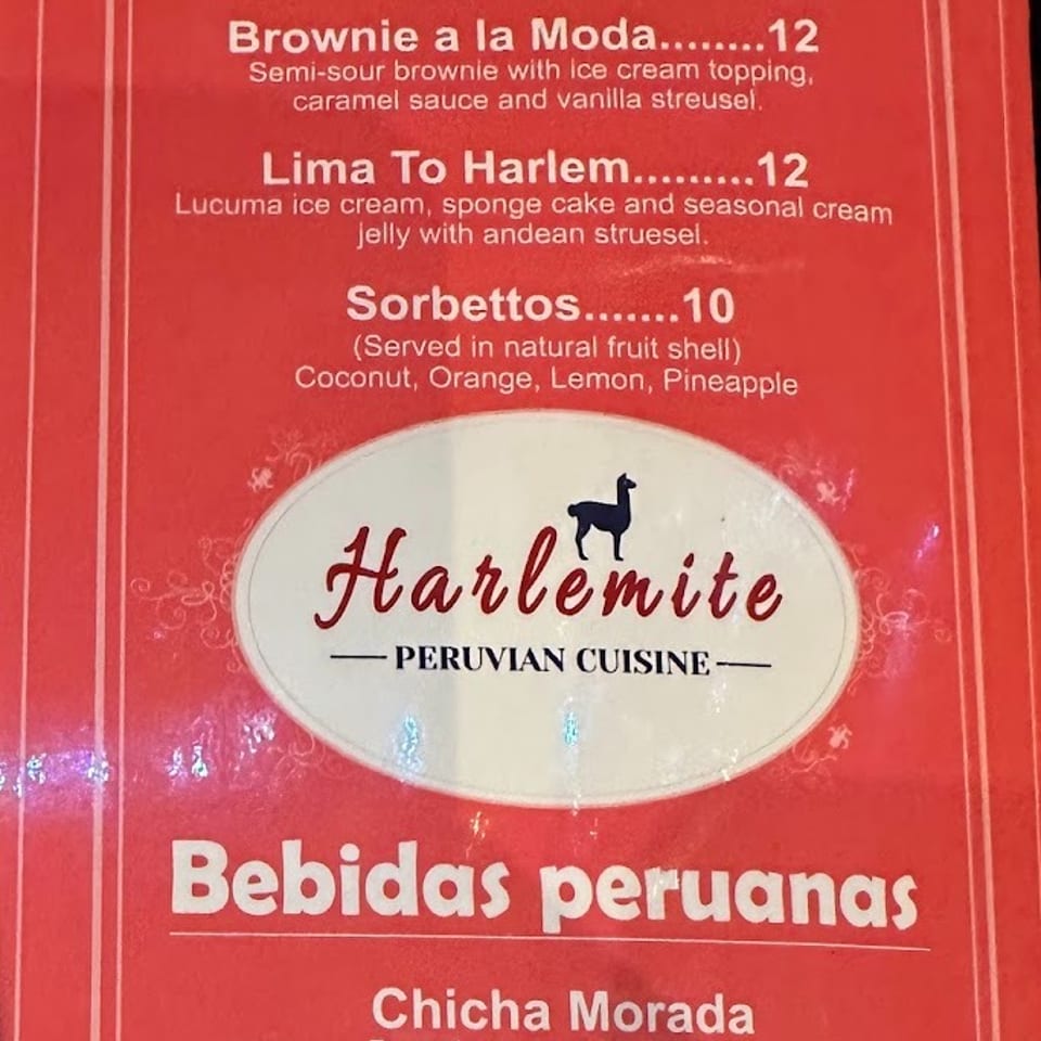 A red menu from Harlemite Peruvian Cuisine, featuring desserts and Peruvian drinks.