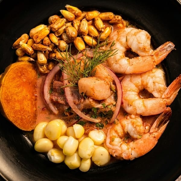 Mixed ceviche with shrimp, scallops, sweet potato and Peruvian corn at Harlemite