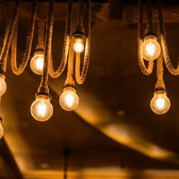 Warm Edison-style light bulbs hang from thick ropes, illuminating a dark, cozy space.