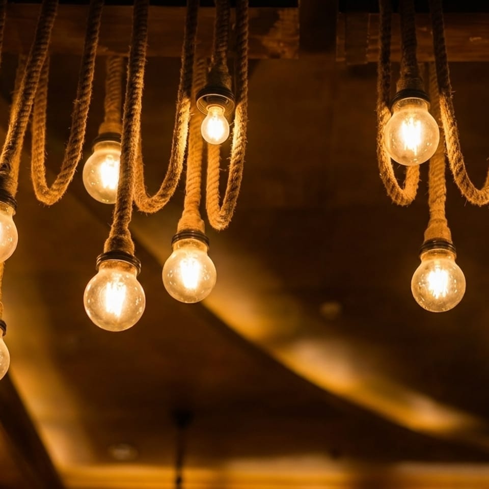 Warm Edison-style light bulbs hang from thick ropes, illuminating a dark, cozy space.